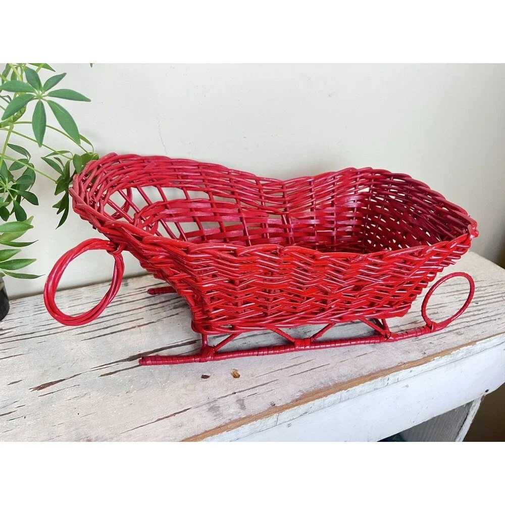 Vintage Rare Large Christmas Red Wicker Santa’s Sled Flower/Gifts Basket 18”